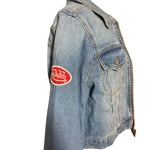 Size XL Von Dutch Blue Denim Jean Jacket with Red Logo XL Red Logo Patch Y2K - Picture 9 of 10